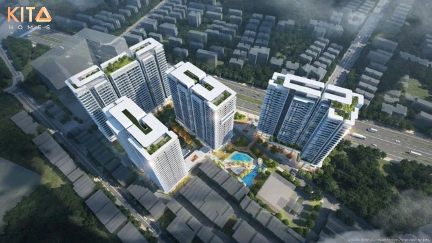 Phối cảnh tổng thể kiến trúc dự án căn hộ Ansana by Kita mặt tiền Võ Văn Kiệt, Quận Bình Tân, TP.HCM