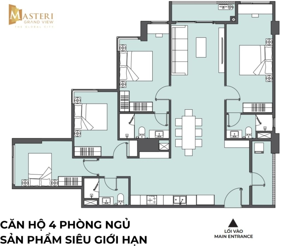 Layout chi tiết căn hộ 4 phòng ngủ (Sản phẩm siêu giới hạn) Masteri Grand View
