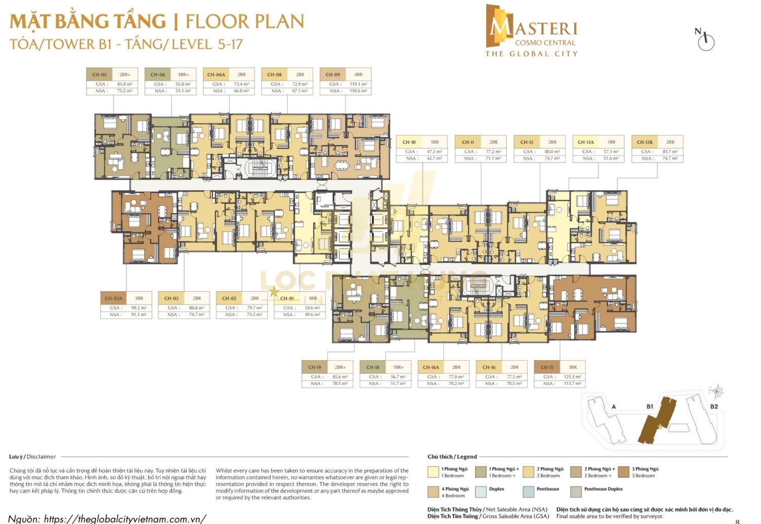 Mặt bằng tầng 05-17 tòa B1 căn hộ chung cư Masteri Cosmo Central The Global City Quận 2, Phường Bình Trưng
