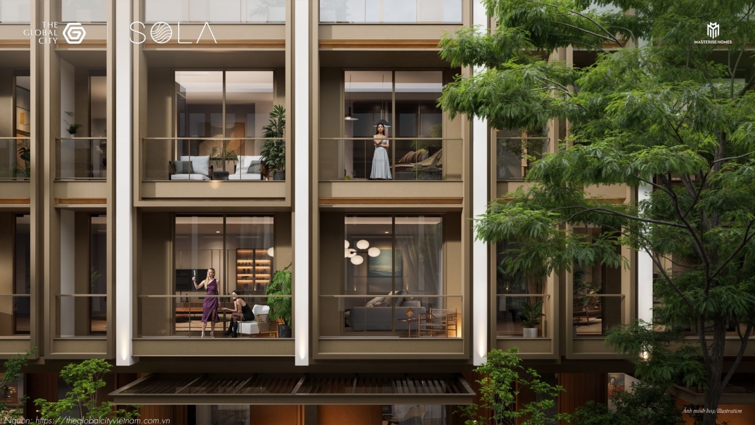 Thiết kế ngoại thất sang trọng dãy biệt thự liên kế phân khu Sola Villa The Global City Quận 2.