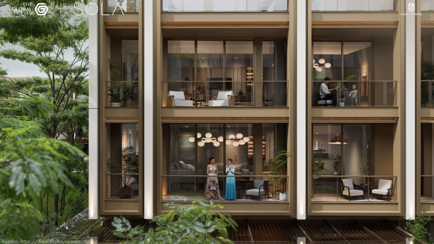 Thiết kế ngoại thất sang trọng dãy biệt thự liên kế phân khu Sola Villa The Global City Quận 2.