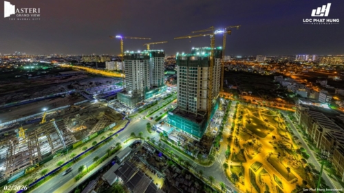 Tiến độ rực rỡ ban đêm của 2 tòa tháp Masteri Grand View sau lễ cất nóc tháng 02/2026. Hotline 0937.098.890